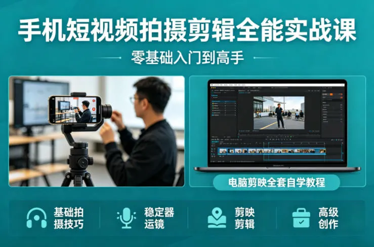 手机短视频拍摄剪辑全能实战课:零基础入门到高手,稳定器运镜+电脑剪映全套自学教程 手机短视频拍摄剪辑全能实战课:零基础入门到高手,稳定器运镜+电脑剪映全套自学教程