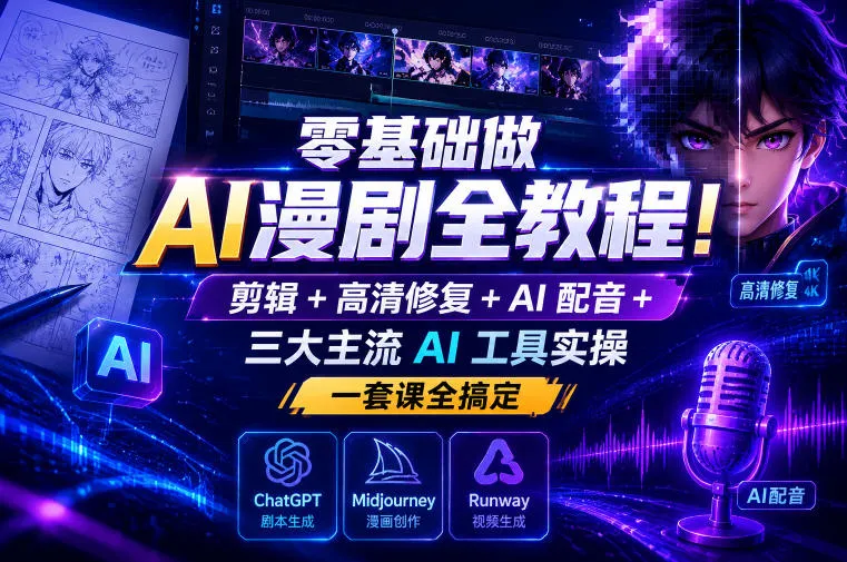 零基础做AI漫剧全教程！剪辑+高清修复+AI配音+三大主流AI工具实操，一套课全搞定-梦帆创业网