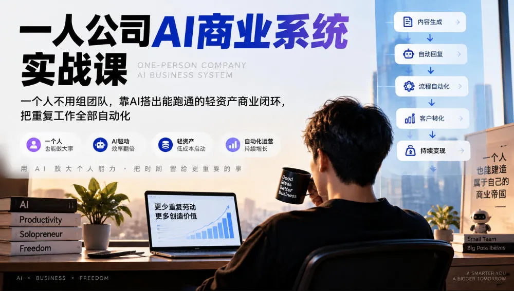 一人公司AI商业系统实战课，一个人不用组团队，靠AI搭出能跑通的轻资产商业闭环，把重复工作全部自动化-梦帆创业网
