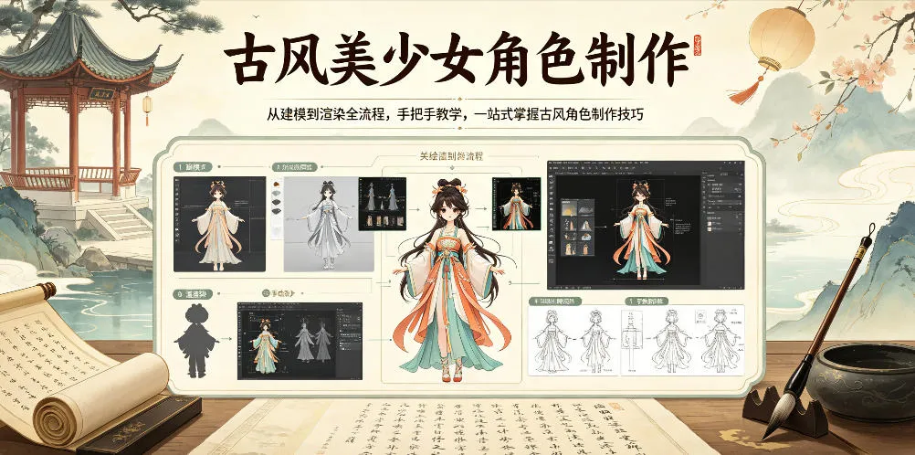 古风美少女角色制作，从建模到渲染全流程，手把手教学，一站式掌握古风角色制作技巧-梦帆创业网