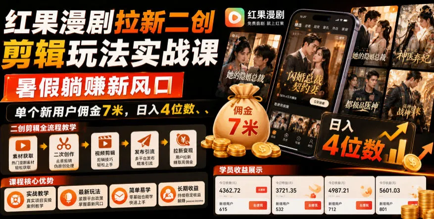 红果漫剧拉新二创剪辑玩法实战课，暑假躺賺新风口，单个新用户佣金7米，日入4位数-梦帆创业网