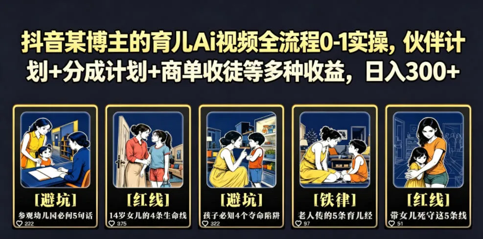 抖音某博主的育儿Ai视频全流程0-1实操，伙伴计划+分成计划+商单收徒等多种收益，日入300+-梦帆创业网