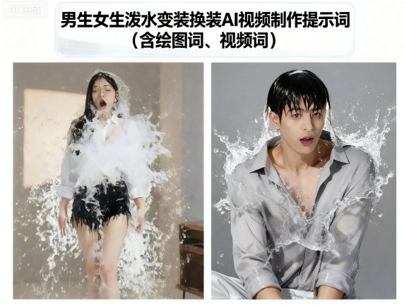男生女生泼水变装换装AI视频制作提示词(含绘图词、视频词)-梦帆创业网