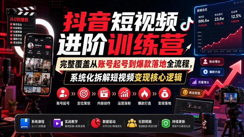 抖音短视频进阶训练营，完整覆盖从账号起号到爆款落地全流程，系统化拆解短视频变现核心逻辑-梦帆创业网