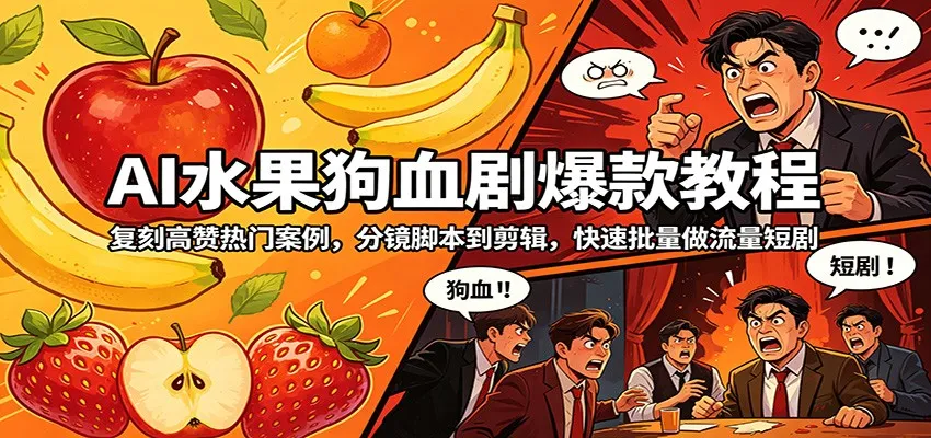AI水果狗血剧爆款教程：复刻高赞热门案例，分镜脚本到剪辑，快速批量做流量短剧-梦帆创业网