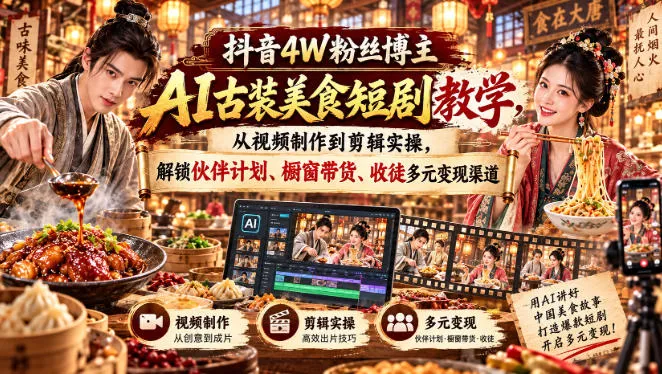 抖音4W粉丝博主AI古装美食短剧教学，从视频制作到剪辑实操，解锁伙伴计划、橱窗带货、收徒多元变现渠道-梦帆创业网