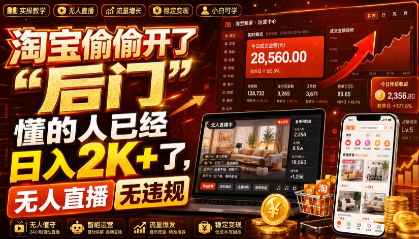 淘宝偷偷开了“后门”，懂的人已经日入2K+了，无人直播无违规，一台电脑=一家24小时营业的线上门店【揭秘】-梦帆创业网