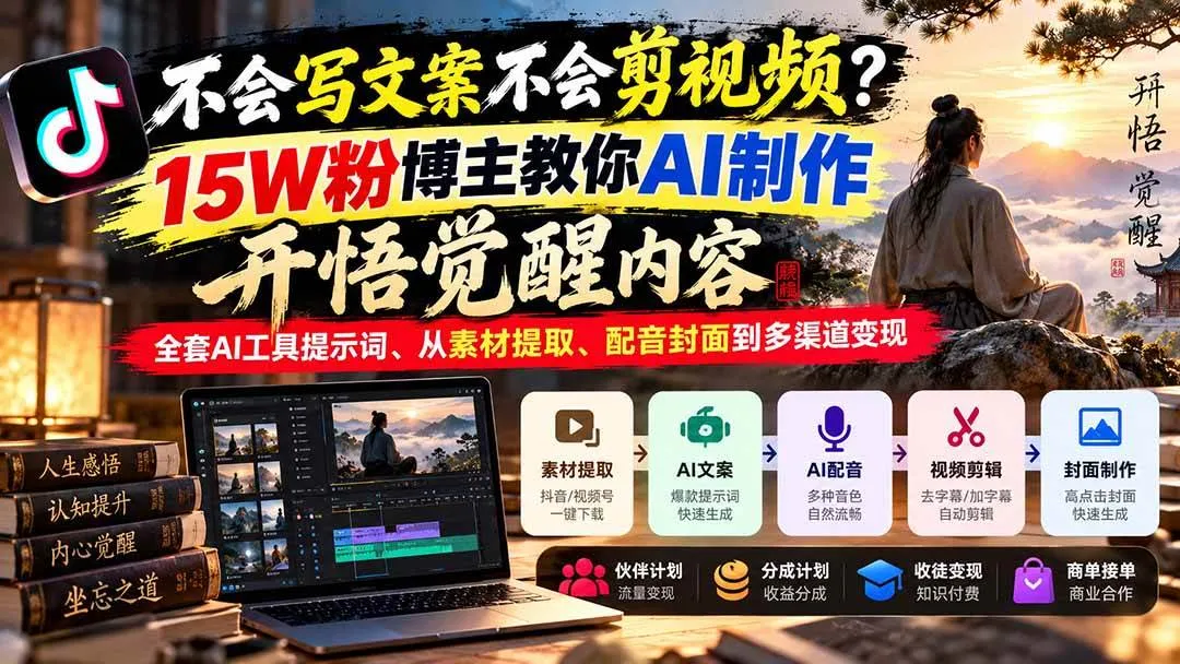 （21085期）不会写文案不会剪视频？15W粉博主教你AI制作开悟觉醒内容，全套AI工具提示词、从素材提取、配音封面到多渠道变现-梦帆创业网