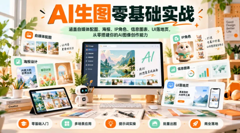 AI生图零基础实战，涵盖自媒体配图、海报、IP角色、信息图表、UI落地页，从零搭建你的AI图像创作能力-梦帆创业网