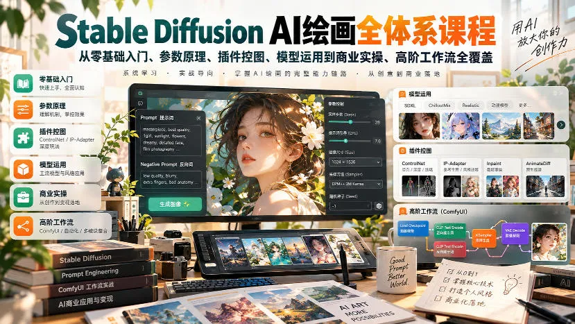 【无水印】Stable Diffusion AI绘画全体系课程，从零基础入门、参数原理、插件控图、模型运用到商业实操、高阶工作流全覆盖-梦帆创业网
