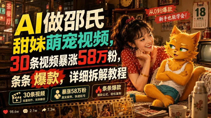 AI做邵氏甜妹萌宠视频，30条视频暴涨58万粉，条条爆款，详细拆解教程-梦帆创业网