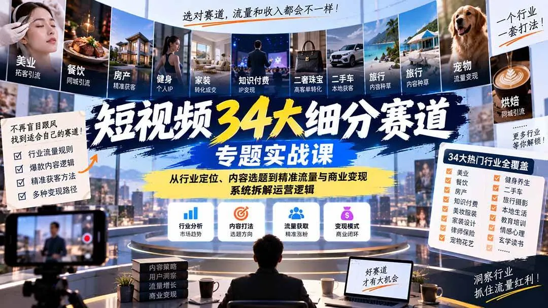 （20600期）短视频34大细分赛道专题实战课：从行业定位、内容选题到精准流量与商业变现，系统拆解运营逻辑-梦帆创业网