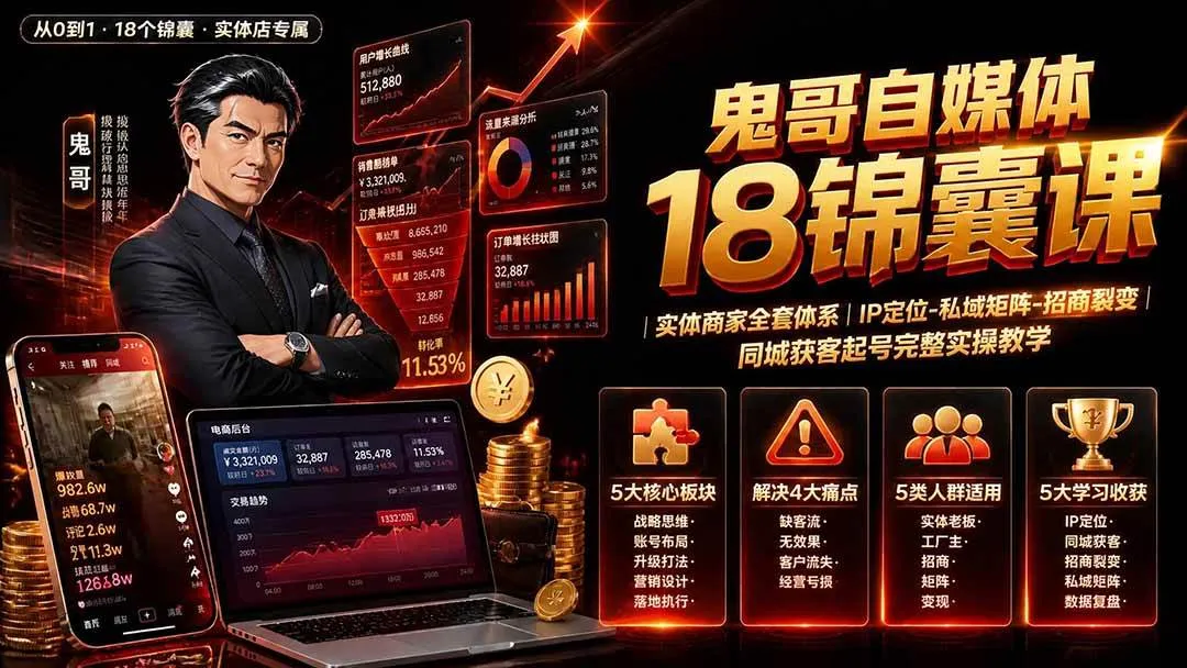 （19632期）鬼哥自媒体18锦囊课｜实体商家全套体系｜IP 定位-私域矩阵-招商裂变｜同城获客起号完整实操教学-梦帆创业网