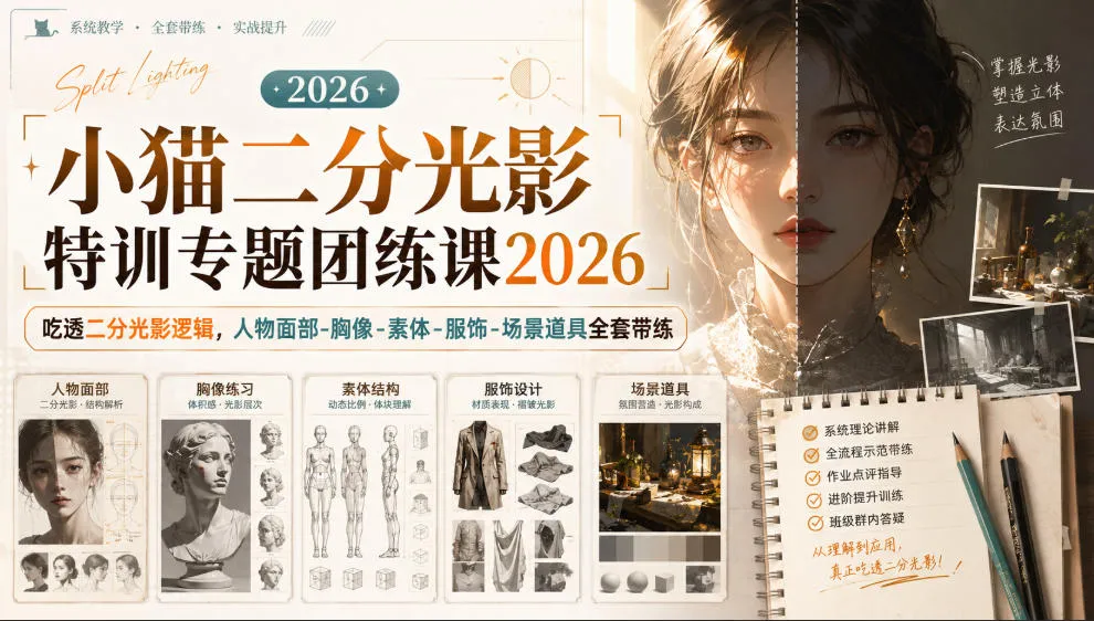 小猫二分光影特训专题团练课2026｜吃透二分光影逻辑，人物面部‑胸像‑素体‑服饰‑场景道具全套带练，高清画质附赠课件与笔刷-梦帆创业网