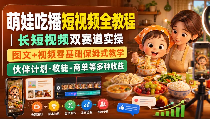 萌娃吃播短视频全教程｜长短视频双赛道实操，图文+视频零基础保姆式教学，伙伴计划-收徒-商单等多种变现方式-梦帆创业网