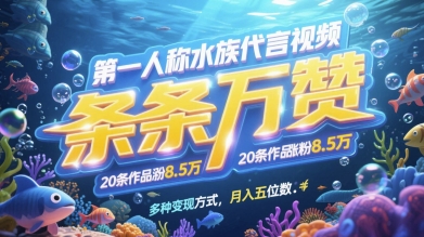 第一人称水族代言视频，条条万赞，20条作品涨粉7.8W，多种变现方式月入五位数-梦帆创业网