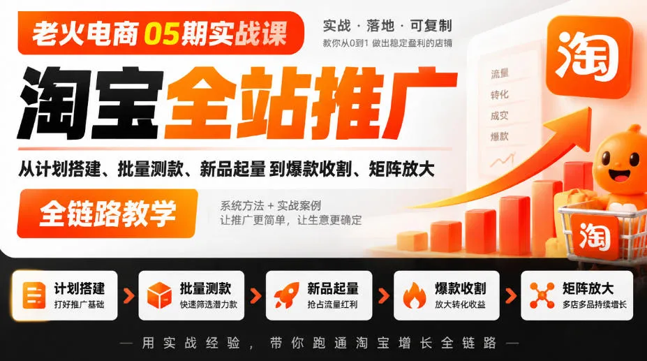 老火电商05期实战课|淘宝全站推广从计划搭建、批量测款、新品起量到爆款收割、矩阵放大全链路教学 老火电商05期实战课|淘宝全站推广从计划搭建、批量测款、新品起量到爆款收割、矩阵放大全链路教学